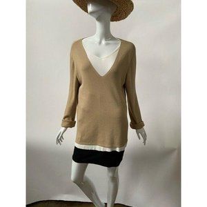 August Max Womens Sweater Beige White Long Sleeve
